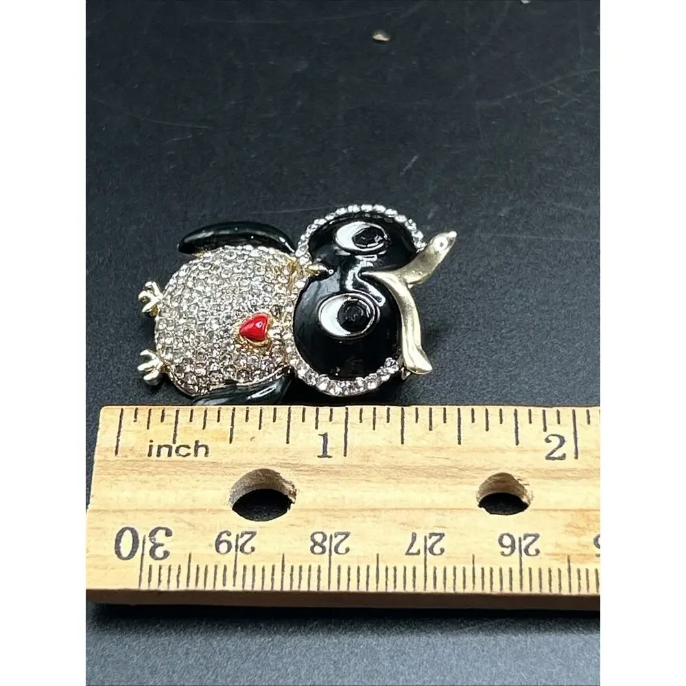 Modern Owl Bird Pin Brooch Gold tone 1 1/2” Pave Rhinestone And Enamel